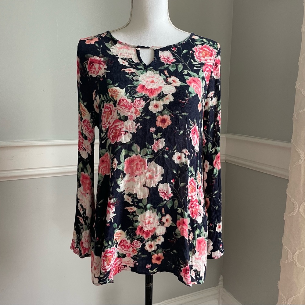 MaCherie Floral Pink and Navy Blue Blouse Relaxed Fit Maternity Size M